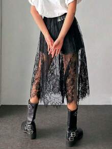 1 Piece Of Chiffon Dress, Lace Petticoat, Elastic Band Beach Dress (No Underwear), Women's Autumn Outfit