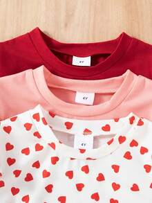 3pcs/Set Young Girl Gift, Casual With Heart Print And Ruffle Design, Regular Fit Long Sleeve T-Shirt, Suitable For Spring And Autumn, Ideal For Casual & Outdoor Wear - Multicolor - View 3