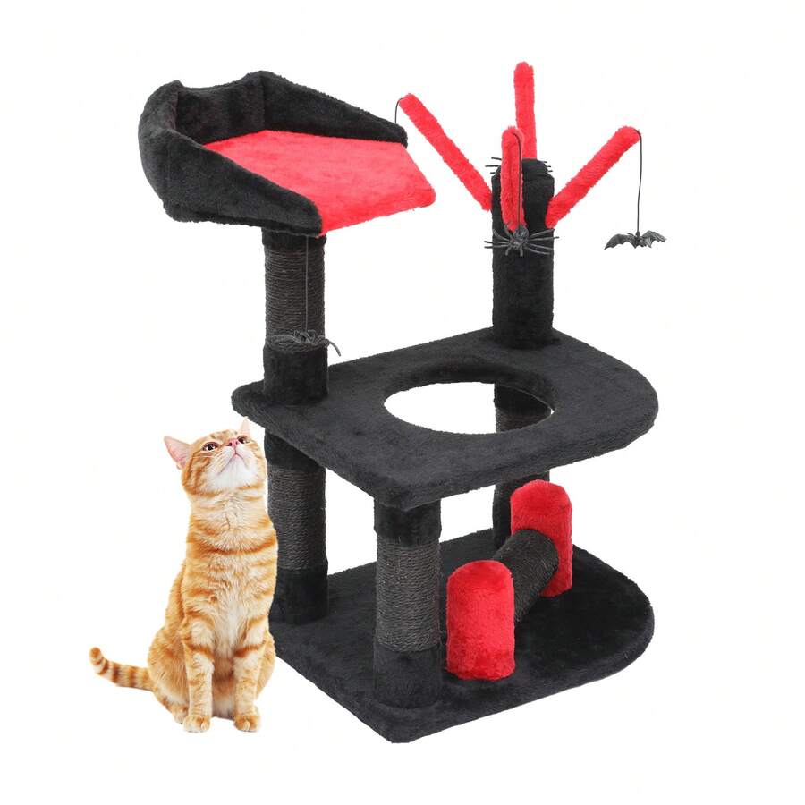 Gothic Cat Tree, Multi-Level Cat Activity Center With Top Perch, Dual Platforms With Hole, Built-In Sisal Posts, Spider Ornaments, Black & Red -By GeoTower