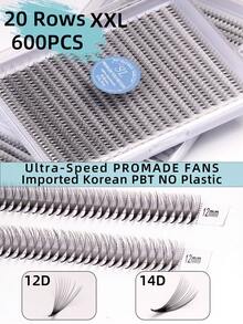 600 Stücke 20 Reihen XXL Tablett 12D 14D Mega Volumen Wimpern Handgefertigt Russisches Volumen Promade Volumen Fächer Ultra-Schnell Schmal Spitz Dünn Basis Importierte Koreanische PBT Faser Ultra Dunkel Weich C D Locken 8-15mm Vorgefertigte Fächer Wimpernverlängerungen Premium Profi