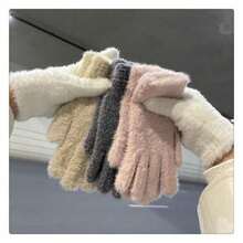 Cycling Imitation Rabbit Fur Plush Ins Wind Gloves Women's New Autumn And Winter Velvet Warm Cute Finger Cold - 白色 - 查看 6
