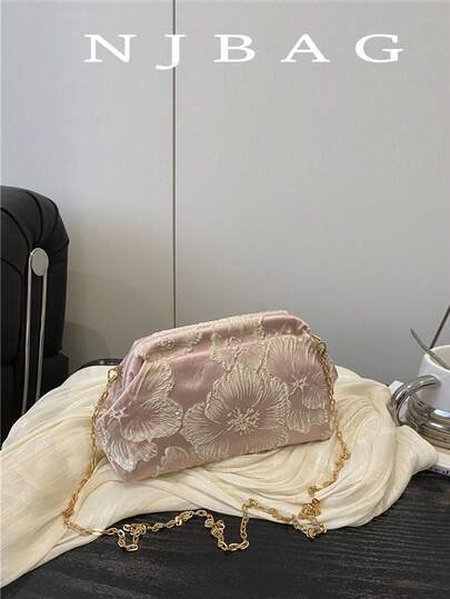 1 件休闲时尚迷人花朵图案女士手拿包晚宴包、手拿包、吻锁包、单肩包、斜挎包，配有可拆卸链条肩带，非常适合青少年