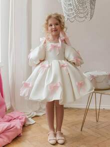 Young Girl Spaghetti Strap Bow Puff Sleeve Princess Dress, Suitable For Children Birthday Party, Flower Girl, Wedding, Banquet, Prom, Holiday Celebration - 白色 - 查看 3