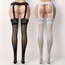 2-Piece Set, Including: Black + White Sexy Hollow Out Pantyhose, Women's Breathable Elastic Garter Stockings, Elegant Women's Garter Stockings - 黑色+白色 - 查看 8