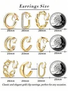 4-9 par złotych klipsów, 14-karatowe złoto, grube, okrągłe kolczyki, klipsy, kolczyki dla kobiet, biżuteria sztuczna, geometryczne, w kształcie litery C, bezbolesne, wydrążone klipsy do uszu z metalu, prosty i elegancki styl, bez przekłuwania uszu dla kobiet, złote kolczyki, kolczyki dla kobiet, kolczyki, kolczyki, złote kolczyki, biżuteria, damskie kolczyki, klipsy, kobiety, prezent na Święto Dziękczynienia, Walentynki dla dziewczyny, najlepszej przyjaciółki, mamy