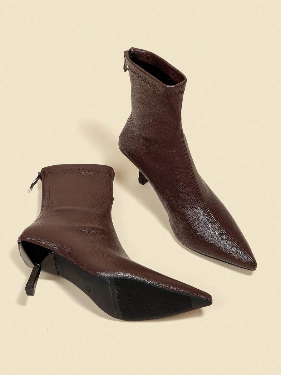 Fall/Winter 7cm High Heel Brown Ankle Boots, Comfortable & Fashionable Pointed Toe Elastic Slim Boots For Women, Elegant, Kitten Heels - Brown - View 1
