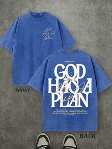 Retro Washed T-Shirt Double Sided Printed (230 Pure Cotton T-Shirt) 'GOD HAS A PLAN'  Letter Print, Men's T-Shirt, Men's Casual, Comfortable, Fashionable T-Shirt, Street Style Cotton - Xanh đậm - Xem 1