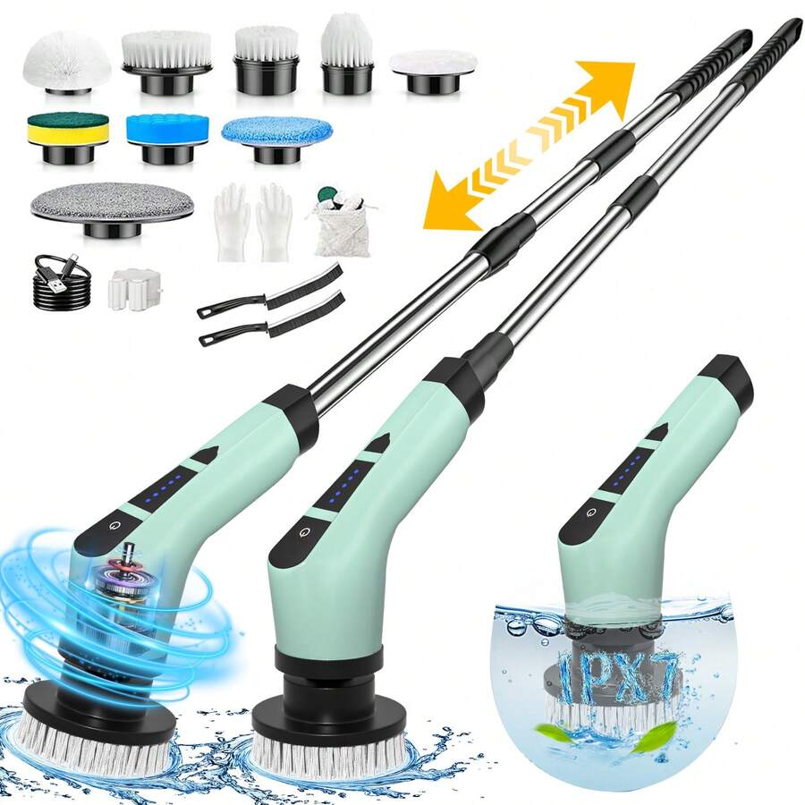 Electric Spin Scrubber, Cordless Cleaning Brush With 9 Replaceable Brush Heads, Tub And Floor Tile 360 Power Scrubber Dual Speed With Adjustable & Detachable Handle For Bathroom Kitchen Car - 綠色 - 查看 1