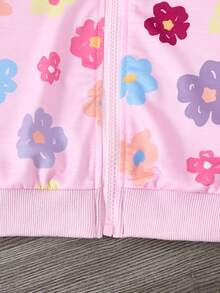 Girls' Ditsy Floral Baseball Jacket, Long Sleeve Zip-Up Cropped Cardigan For Autumn/Winter - Pink - View 7
