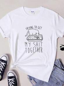 Trying To Get My Together T Shirt Funny Cat Mom Gift Tshirt Sarcastic Fur Mama Humor Cotton Tee Shirt Top - 白色 - 查看 1