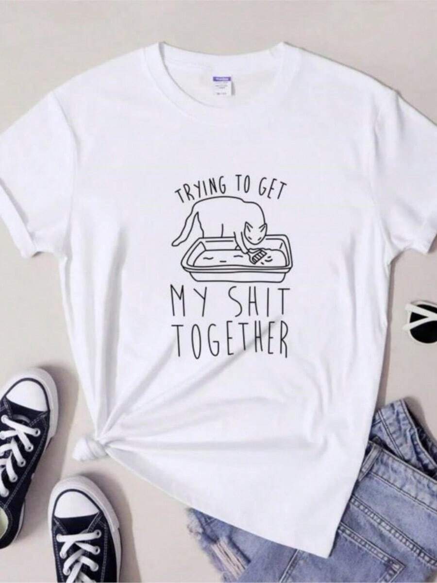 Trying To Get My Together T Shirt Funny Cat Mom Gift Tshirt Sarcastic Fur Mama Humor Cotton Tee Shirt Top - 白色 - 查看 1
