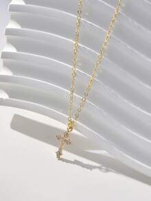 Tkool 1pc Shiny Gold-Tone Cross Pendant Necklace With Cubic Zirconia Stones - Yellow Gold - View 2