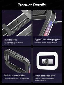 AXNEN 多功能手持LED补光灯，带手机笼支架，USB充电便携式手机直播摄影灯，配备可调节手机夹和冷靴接口，适用于内容创作、自拍补光、Vlog拍摄、手机配件、摄影配件 - 彩色 - 查看 8