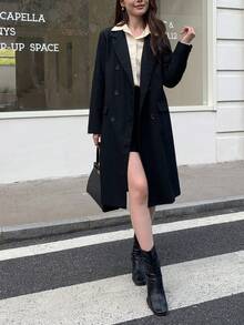 女士通勤翻领长袖双排扣夹克，秋季 - 黑色 - 查看 4