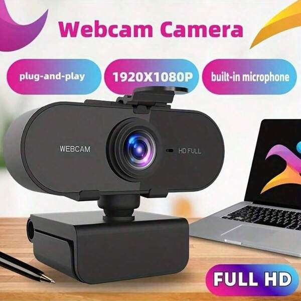 A Full HD Desktop Webcam, Automatic Focus Live Camera, USB Interface, Free Webcam With Microphone Driver, Gaming Communication, Chat And Conference Webcam With Privacy Protection Cover, 1080P Laptop Webcam