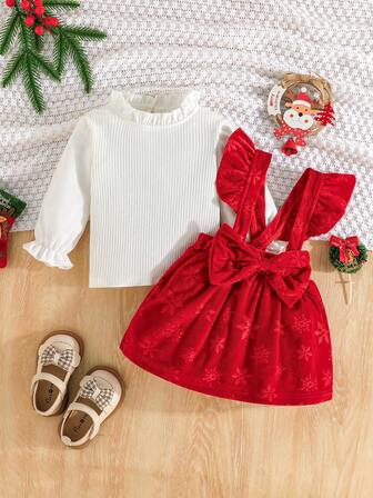 2pcs/Set Baby Girls' Christmas Casual Long Sleeve Top And Snow Pattern Velvet Suspender Skirt Outfit