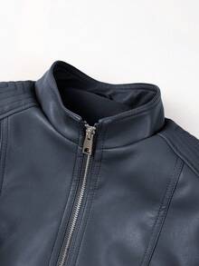 Giolshon Women Faux Leather Motorcycle Jacket - Asymmetric Zipper, Stand Collar, Suitable For Urban Streetwear And Commuting Style, Spring - Dark Blue - View 7