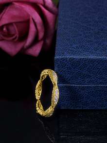 Cincin Tembaga Berlapis Emas dengan Batu Zirkonia Kubik Bermotif Geometris, Cocok Sebagai Hadiah Pernikahan, Pertunangan, dan Liburan untuk Wanita - Emas - View 5