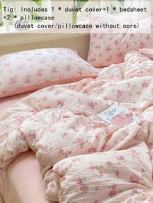 Bộ ga trải giường 4 món in hình hoa hồng Sakura màu hồng, kiểu dáng cung điện Pháp, bao gồm 1 vỏ chăn, 1 ga phủ, 2 vỏ gối, màu trơn, thích hợp sử dụng hàng ngày và cho ngày Valentine, 100% polyester, mềm mại (không bao gồm ruột chăn). - Màu Hồng Tươi - Xem 5