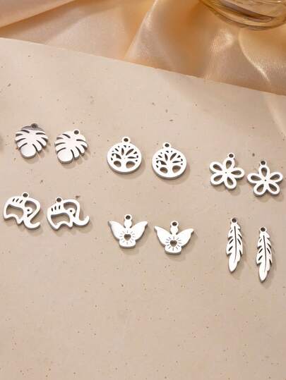 2 piezas de encantos colgantes elegantes de acero inoxidable, pluma, elefante, hoja, flor de 5 pétalos, amuleto colgante, DIY para collares, aretes, joyería, uso diario, regalo