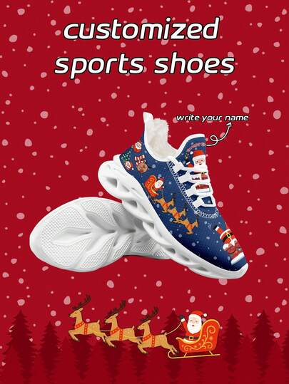 Custom Men's Christmas Plush Lining Sneakers With Personalized Photo Print, Festive Santa Belt Design Cozy Shoes With Customized Photo, Lightweight Comfortable Soft Bottom Warm Sneakers For Men And Women, Gym Training Breathable Tennis Shoes, Unique Christmas Gift For Mom/Dad/Her/Him/Girlfriend/Boyfriend/Wife/Husband/Friend ﻿