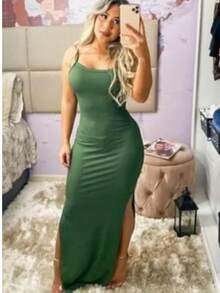 Women's Elegant Casual Long Dress In Ribbed Knit With Side Slits - màu xanh lá - Xem 4