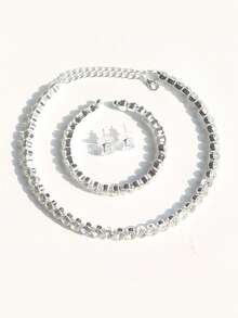 3pcs Elegant Bridal Jewelry Set, Sparkling Single Row Crystal Necklace, For Women