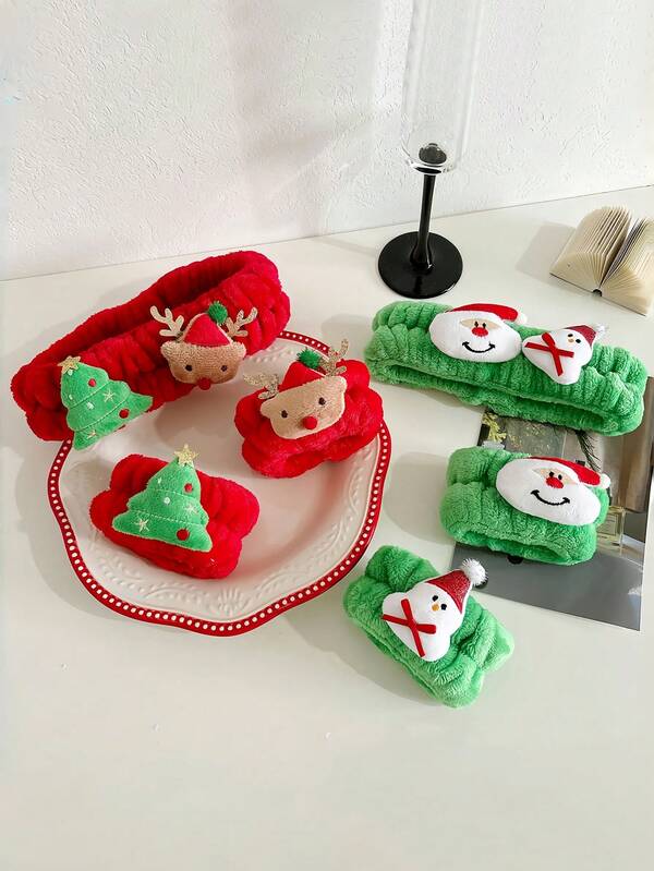 3 piezas de diadema y muñequera para lavabo de Navidad. Diseños de árbol de Navidad, reno de Navidad, Papá Noel y muñeco de nieve. Diadema y muñequera para limpieza del lavabo. Conjunto de diadema y muñequera para el cuidado de la piel, adecuado para el lavado de la cara, maquillaje y spa. Diseño de Papá Noel, accesorio de pelo de Navidad como regalo para mujeres.