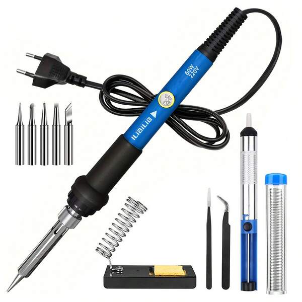 ilibilib HX1 60W 220V Lötkolben mit 30s Schnellheizung (200-450°C) - Profi-Set inkl. 5 Wechselspitzen, Halterung, Schwamm, 18g Lötzinn, Entlötpumpe und 2 Pinzetten
