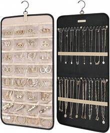 Organizador de Joyería Colgante de Doble Cara, Enrollador de Joyería de Viaje, Caja de Joyería de Doble Cara con Ganchos Giratorios, Adecuado para Armarios, Paredes y Puertas para Collares, Pendientes, Anillos, Broches, etc. - Negro - Ver 8