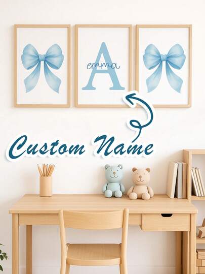 3pcs Custom Blue Bow Wall Art, Personalized Name Print, Set Of 3 Unframed Watercolor Bow Posters, Girls Nursery Decor, Toddler Bedroom Wall Art, Kids Playroom Prints, Custom Name Sign For Baby Room, Girl Bedroom Decoration, Baby Shower Gift, Birthday Present, Christmas Gift, Easter Decoration, New Year Kids Room Decor