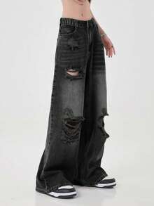 少女款做旧直筒牛仔裤，复古水洗宽松阔腿牛仔裤 - 黑色 - 查看 4