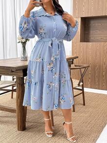 Plus Size Women Elegant Blue & White Striped Button Front Ruffle Hem Short Sleeve Shirt Dress