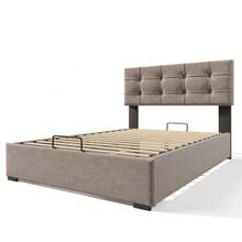 Hydraulic Double Upholstered Bed 140x200cm, Mattress Included, Adjustable Headboard, Bed With Metal Slatted Frame, Velvet, Modern Bed Frame With Storage Space, Light Grey - LIGHT GREY + Velvet + 140cm*200cm - View 6