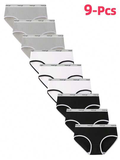Calcinha estilo minimalista de cor sólida com 9 unidades, para meninas adolescentes, com cós de letras, confortável para uso diário, triangular