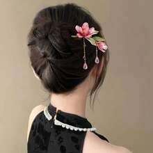 1 Piece Chinese Ink Floral Hairpin, Hand-Painted Cherry Blossom Embellishment - Elegant Retro Wedding, Ball, Daily Hair Accessory Lightweight Durable Women's Hair Clip, No Power Required, Gold Chain Hand-Painted Floral Design, Traditional Chinese Style, Suitable For Special Occasions And Daily Wear - 花想容 - 查看 2