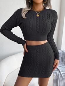 Women Solid Knit Set Round Neck Crop Top Bodycon Skirt Long Sleeve Fall Winter Coordinates - màu đen - Xem 6