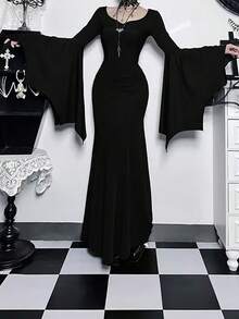 1 pieza Vestido gótico oscuro de Halloween para mujer, manga de murciélago con bajo de cola de pez, disfraz elegante de señora madura