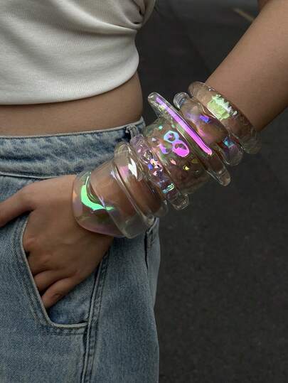 8pcs/Set Personalized Transparent Iridescent Acrylic Bangle Bracelets, Asymmetrical Crinkle Chunky Bracelet, Niche Jewelry For Women