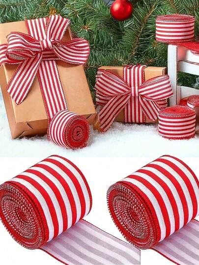 1roll 5m Christmas Decoration Red Striped Ribbon, Wreath Decor Christmas Tree Bow Ribbon, Gift Packaging Accessories, DIY Wreath, Handcraft Supplies, Valentine's Day Wedding Ribbon, For Gift Wrapping, Wreath Making, Holiday Decoration, Flower Arrangement, Bows