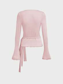 性感V领撞色蕾丝上衣，优雅修身长袖T恤，休闲约会皆宜，春秋季 - 粉色 - 查看 9