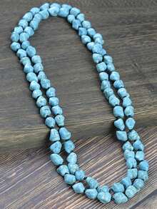 1 pieza Collar largo de dos capas hecho a mano con cuentas de turquesa estilo bohemio vintage, regalo y uso diario