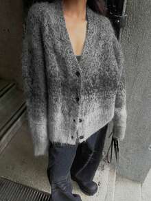 秋冬中国风扎染镂空针织开衫，宽松落肩V领外套 - 灰色 - 查看 2