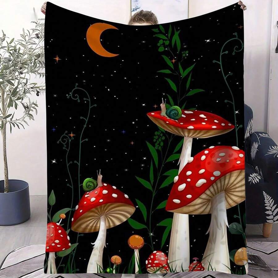 1pc Night Mushroom & Snail Pattern Throw Blankets.Soft Blanket. Cozy Soft.Suitable For Couches. Beds. Travel. Camping. Living Rooms. Offices.280gsm Ideal For Fantasy Lovers And As A Whimsical Gift - trắng - Xem 1