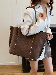 新款时尚女士豹纹托特包，大容量，复古优雅，适合约会，逛街，百搭，秋冬 - 咖啡 - 查看 4