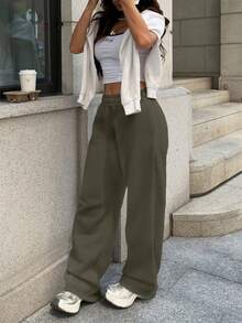 Sulojter Casual Loose Solid Color Elastic Waist Sweatpants - Khaki - View 7
