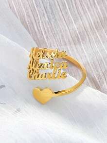 1 pieza Anillo con forma de corazón personalizado con múltiples nombres, anillo ajustable de acero inoxidable personalizado con 1-3 nombres, accesorios de moda para mujer, anillo de apellido único, joyería personalizada de moda, adecuado para uso diario, Día de la Madre, cumpleaños, Halloween, regalos de Navidad - Multicolor - Ver 7