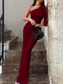 Women's Sexy Elegant Asymmetric Off-Shoulder High Waist Jumpsuit | Sexy, Slim-Fit, Elegant, Suitable For Parties, Casual Wear, And Nightclub Outfits - Burgundy - View 5