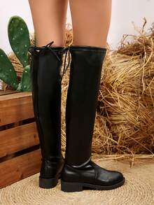 Botas Pretas Acima do Joelho da Moda Feminina, Novos Botas Longas de Outono/Inverno 2025, Botas Longas de Couro Sólido com Cadarço e Puxador, Estilo Ocidental de Botas Altas, Botas de Sola Grossa Versáteis para Uso Diário e Deslocamento, Botas Pretas, Botas Femininas Plus Size