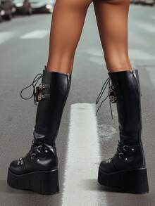 ROMWE Grunge Punk 女款时尚2025新款万圣节冬季厚底坡跟方头后拉链毛绒轻便防滑系带时尚增高作战靴 - 黑色 - 查看 15